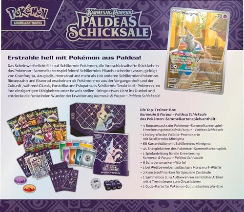 Pokémon-Sammelkartenspiel: Top-Trainer-Box Karmesin & Purpur – Paldeas Schicksale (9 Boosterpacks, 1 holografische Vollbild-Promokarte & Zubehör)